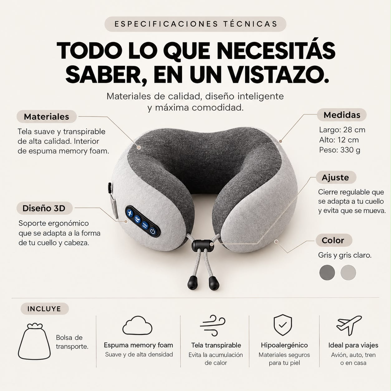 Especificaciones t&eacute;cnicas del Masajeador Almohada Cervical USB: materiales, medidas, ajuste y color